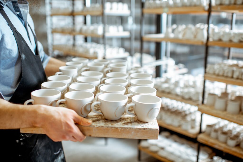 Carrying tray with clay cups at the pottery, close-up view